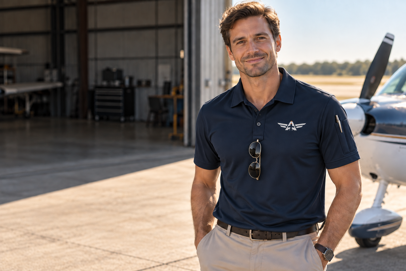 Aviator wearing the navy AERSTEN polo beside a light aircraft