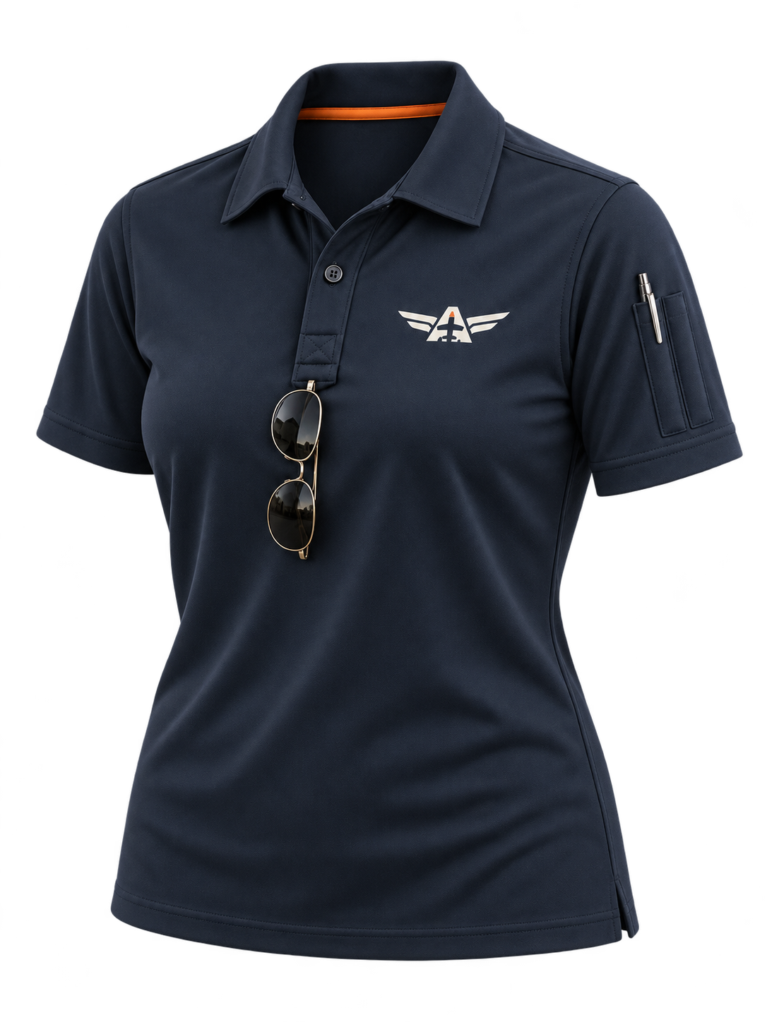 Proposed women’s-fit navy polo with wings-only chest, two sleeve pen channels and a sunglasses keeper