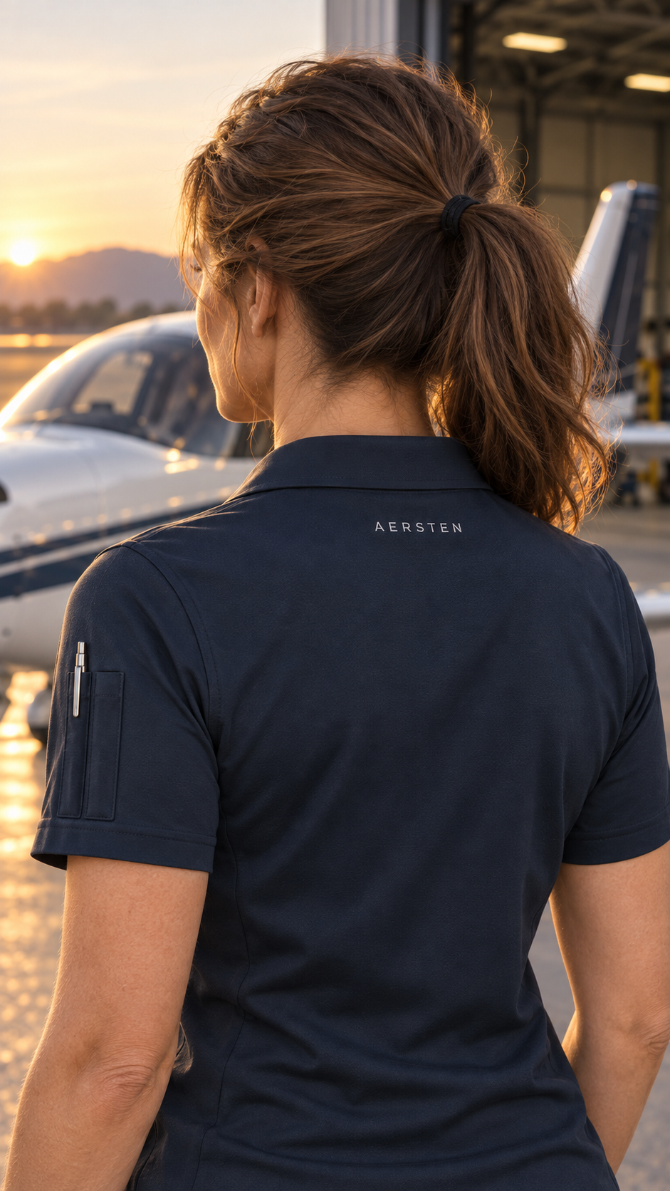 Rear view of the proposed women’s polo showing AERSTEN below the collar